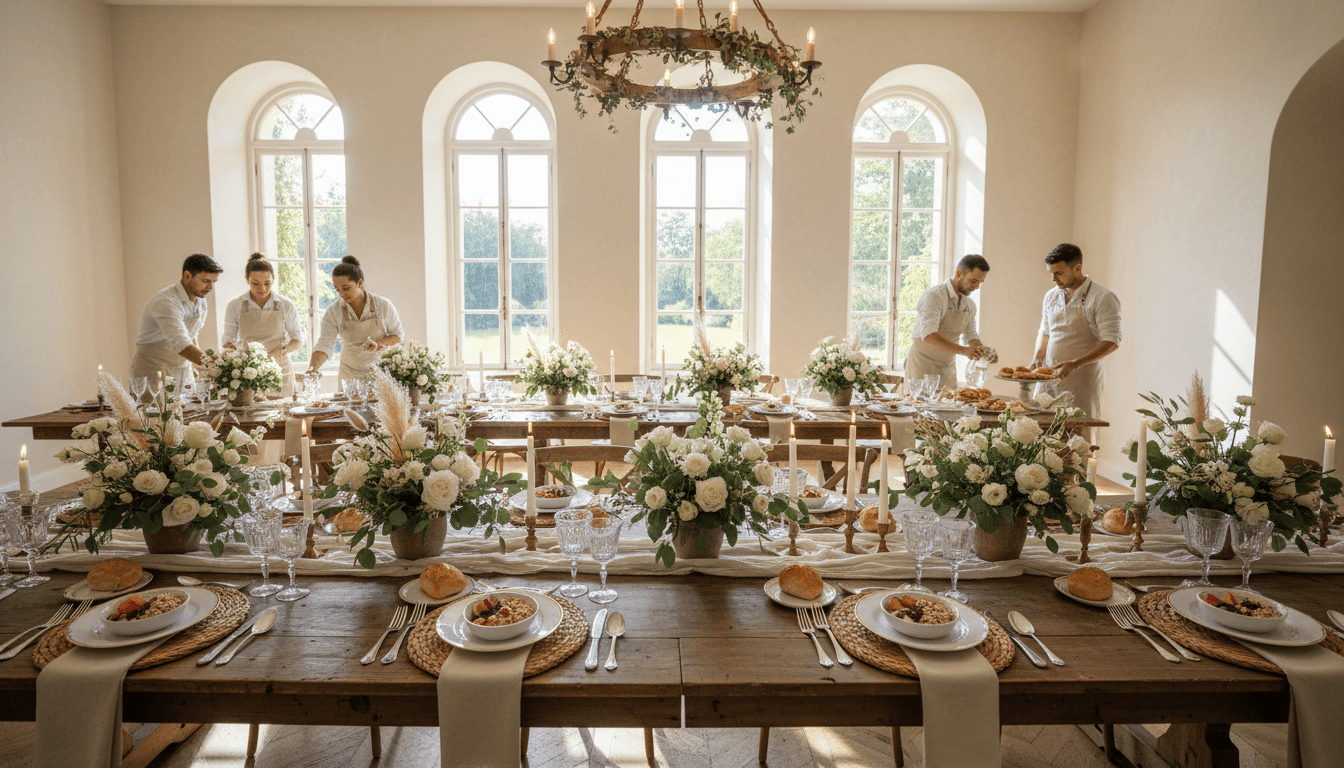 Elegantly set banquet table with plated dishes and fresh flowers