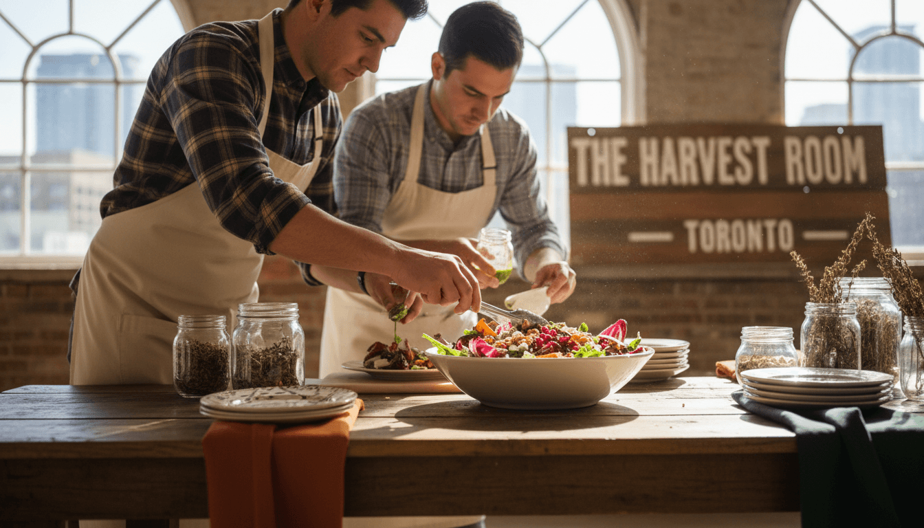 Catering staff plating a fresh seasonal salad at a Toronto event venue