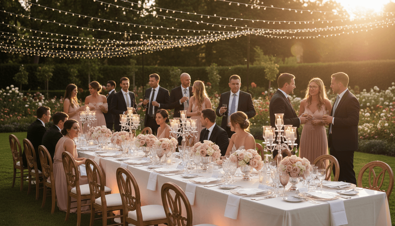 Elegantly set wedding reception table with catering staff placing plated dishes