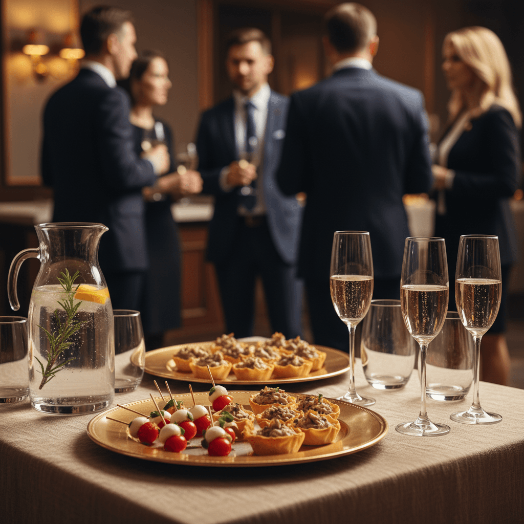 Corporate event cocktail hour with catering staff serving canapés