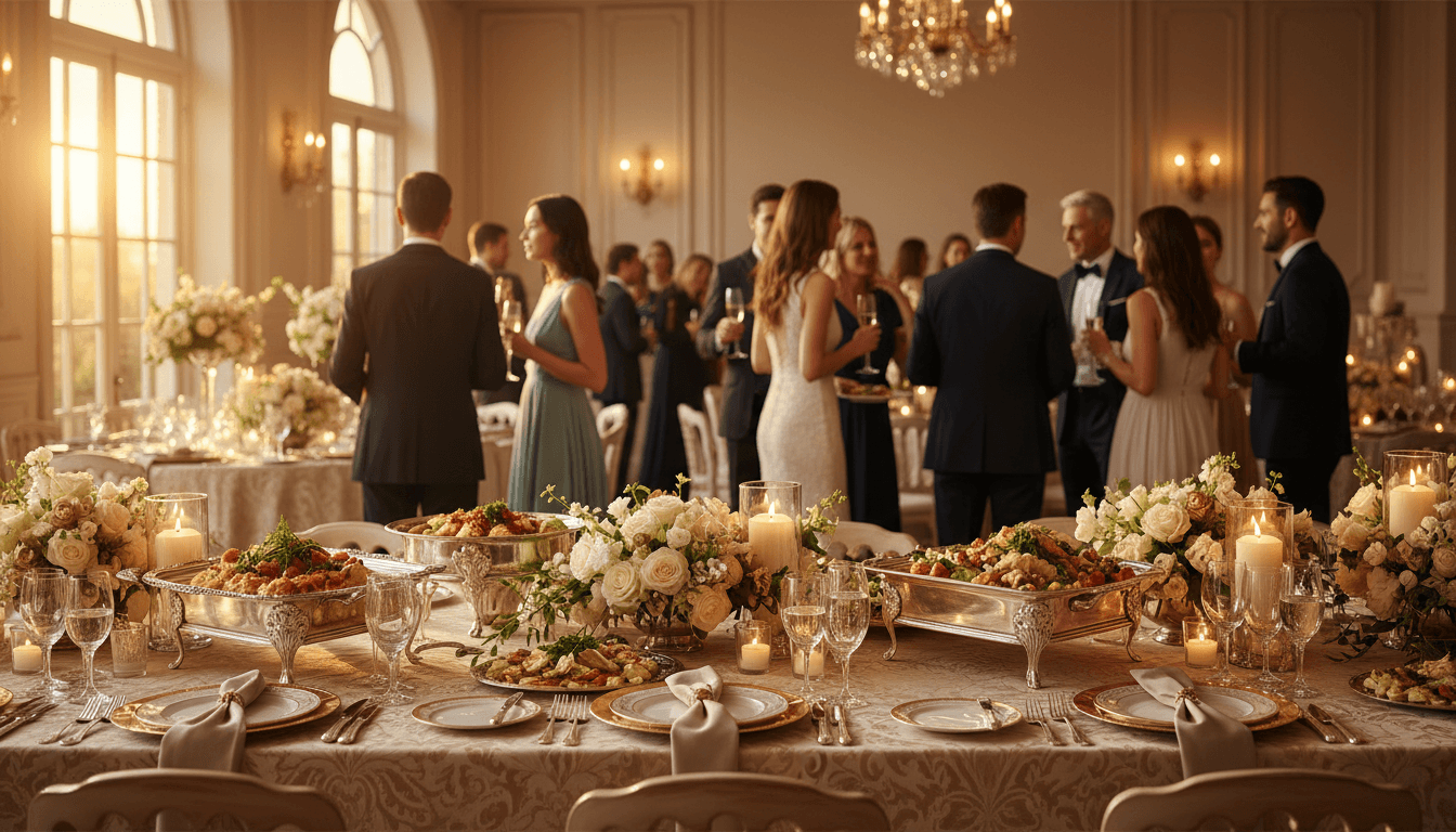Elegant catering table setup with plated dishes and wine glasses