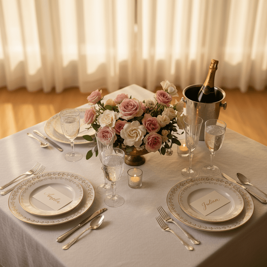 Elegant banquet table setting with candles and floral centerpieces