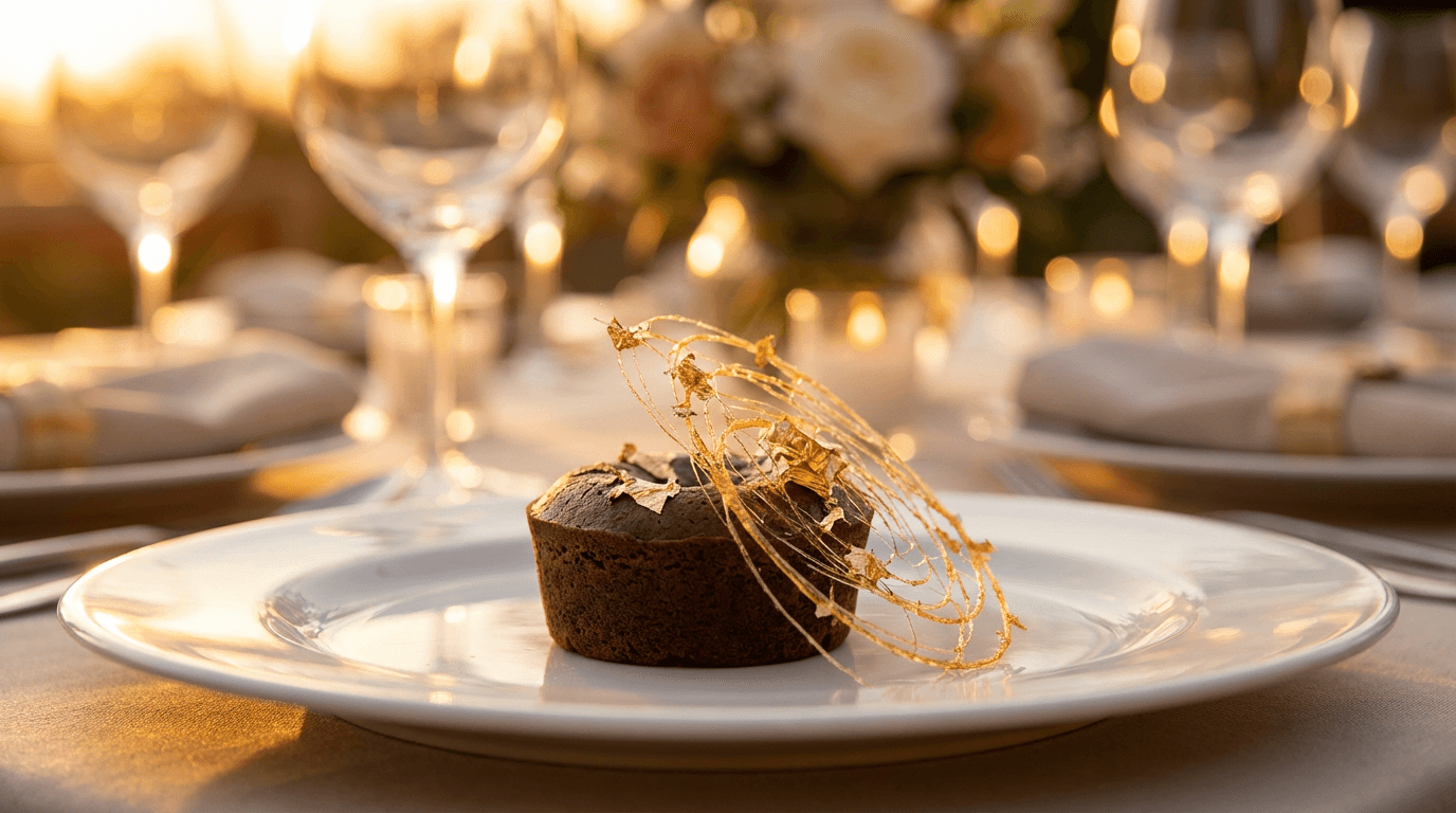 Elegant banquet table set for a catered event with plated dishes and candlelight