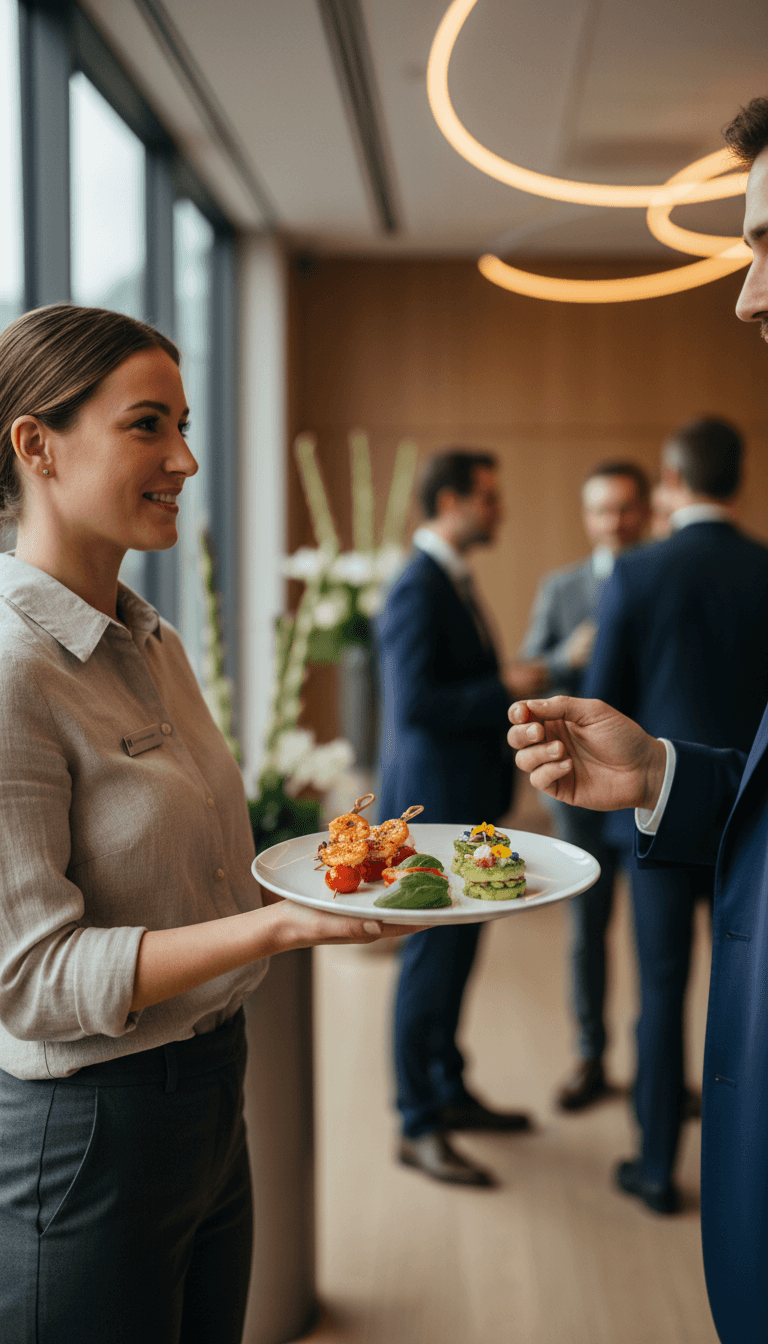 Server passing appetizers to guest at event