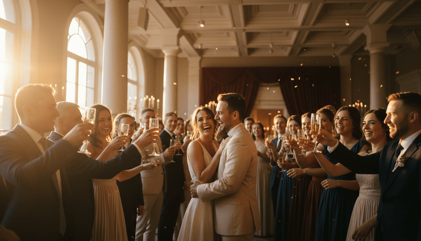 Guests toasting at a private celebration with dessert table